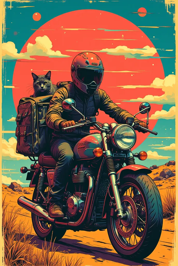 an image of a stylized illustration featuring a person riding a motorcycle with a cat in a backpack. The artwork has a vibrant, retro-futuristic vibe, with the title "Motorcycle Manifesto" and the artist's