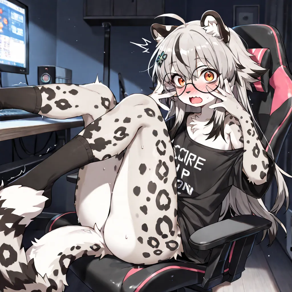 (Masterpiece, best quality:1.2), score_9, score_8_up, score_7_up, day, indoors, computer, gaming setup, night, gaming chair, dark lighting, detailed shadows, solo, solo focus, BREAK, 1girl, sweat, anthro furry, snow leopard, snow leopard ears, snow leopard...