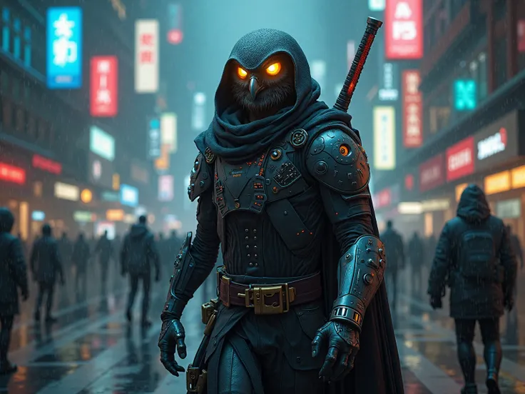 1. Cybernetic Ronin – The Last Free Assassin
"A towering humanoid owl figure moves through a rain-drenched cyberpunk city, its hooded cloak lined with neon circuitry. The face is part organic, part machine—sharp beak-like features with glowing amber cybern...