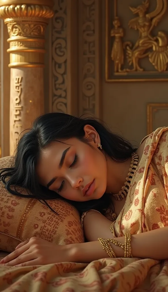 Egyptian girl lying asleep on a bed in a palace in ancient Egypt,  ultra real and professional images