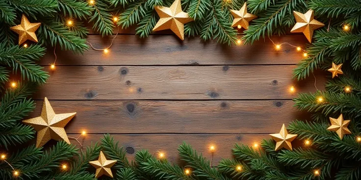 Christmas Wooden Background With Greenery Gold Stars And Lights