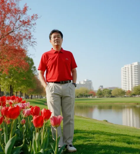 Realistics , Korean, golfer man, 50 years, wearing red polo shirt and trousers with belt standing on green beautiful golf course , read tulips garden, Bueng Nong knot lake, Khon Kaen city, housing development on the background, Central department store far...