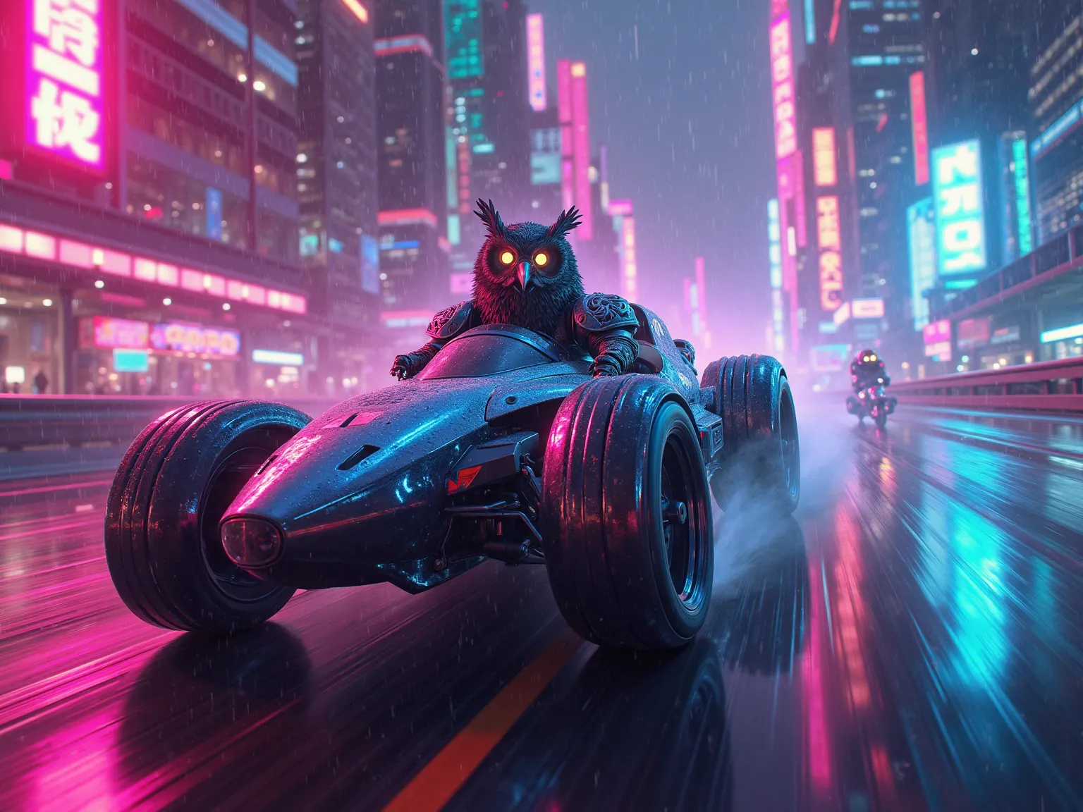 3. The Synthwave Street Racer – Owls Were Born to Fly
"A futuristic, cyberpunk-styled humanoid owl grips the wheel of a sleek, neon-lit hypercar, racing through the glowing city streets at impossible speeds. Its feathered, biomechanical hands adjust the ho...