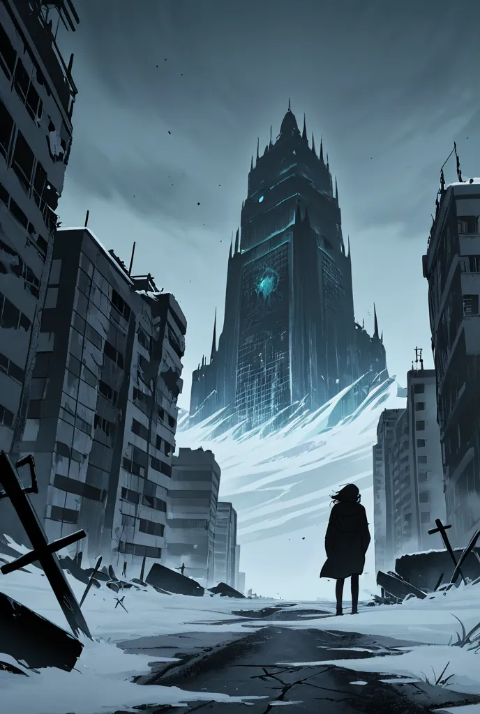 (( best quality)),((top quality)),((8k)),((걸작)),((dark night)), ((The wind burns))has engulfed a ruined city, frozen buildings (like huge graves) Standing and, a blizzard swirls over the broken road,