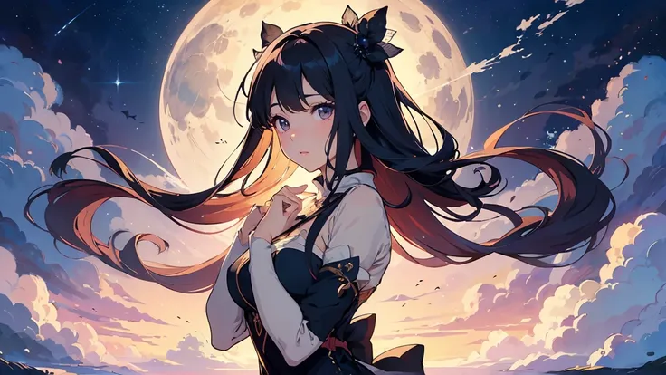 A fascinating and beautiful anime-style woman、Sexy and beautiful anime-style women。long hair that shines like silver thread、gracefully swaying in the cold night wind。fusing fantasy and refinement、beautiful yet bewitching costumes enhance her mystical charm...