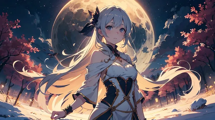 A fascinating and beautiful anime-style woman、Sexy and beautiful anime-style women。long hair that shines like silver thread、gracefully swaying in the cold night wind。fusing fantasy and refinement、beautiful yet bewitching costumes enhance her mystical charm...