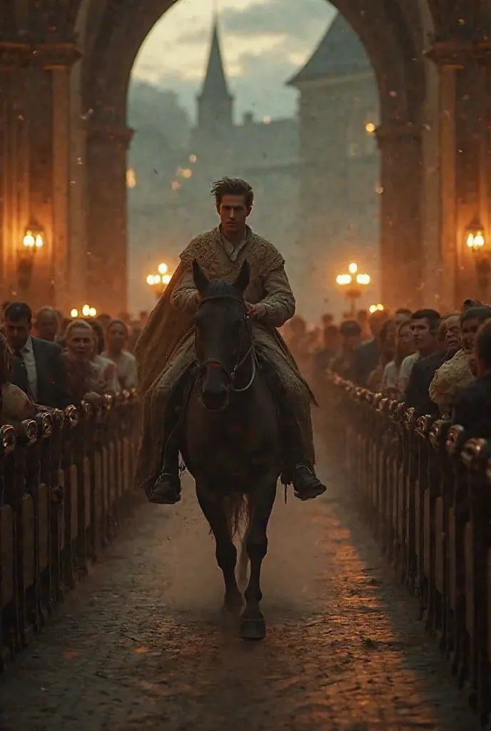 

1. **Benedict riding at full speed**:  
   - Benedict rides a dark horse, his determined but anxious face.  
   - The wind moves his hair and his cape, as the blurry landscape passes at full speed behind him.  
    - In the background , St. Mary's Church...