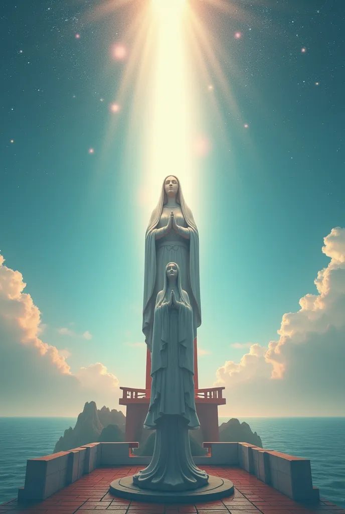 A red and white lighthouse in front of the sea and rays come out of the lighthouse and a burning horizon emerges the sun emitting iridescent rays and the sky is light blue with beautiful white clouds and there is a giant white statue of the Virgin Mary abo...