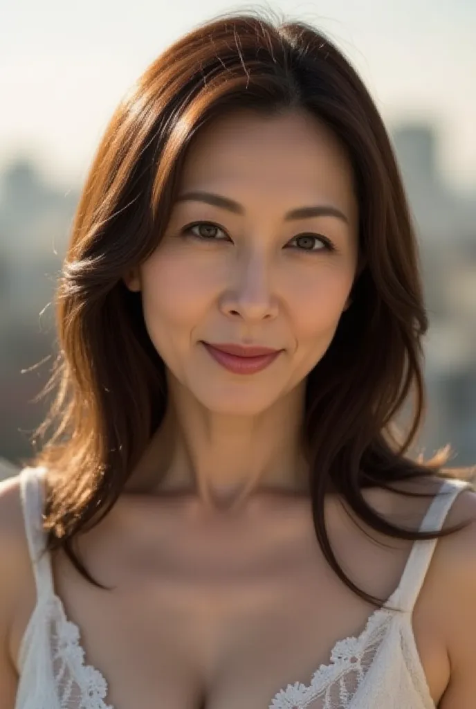 A highly detailed, hyper-realistic close-up portrait of a mature Japanese woman (48 years old) with long, smooth hair. She has a serene expression as she gently looks downward, with subtle fine laugh lines adding realism. The background features a softly b...