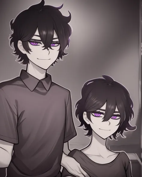  monochrome,coal, Alone, looking at the spectator, short hair, shirt, 1 boy, hair between the eyes,  mouth shut,black hair,  purple eyes, upper body, ahoge,  short sleeves , male focus,  black background, messy hair,  glowing eyes, contour,  white pupils, ...