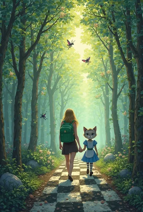 In the middle of the enchanted forest , a woman with a green backpack on her back, with two fairies flying and followed by, a fairy was sad and the other was very cheerful. The forest floor looks like a checkerboard, several white and black squares.
A is r...