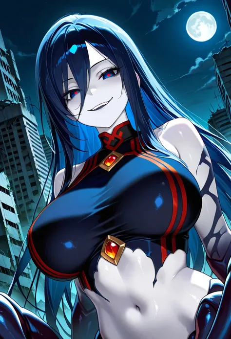 1girl:1.2, solo, scorpion girl, arthropod girl, monster girl, demon, long dark blue hair, dark blue-eyes, big large breasts, hidden breasts, dark blue clothes, pale white skin, dark blue scorpion body, dark blue scorpion taur, dark blue stripes body tatoo,...