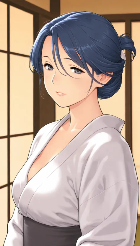 mature woman, housewife, Blue Hair, hair between eyes, chignon hair, The costume of the Japanese inn's wife, Chest, Mature Woman, Soft light, High Precision, best quality, upper body, small breasts 、Larger clothes