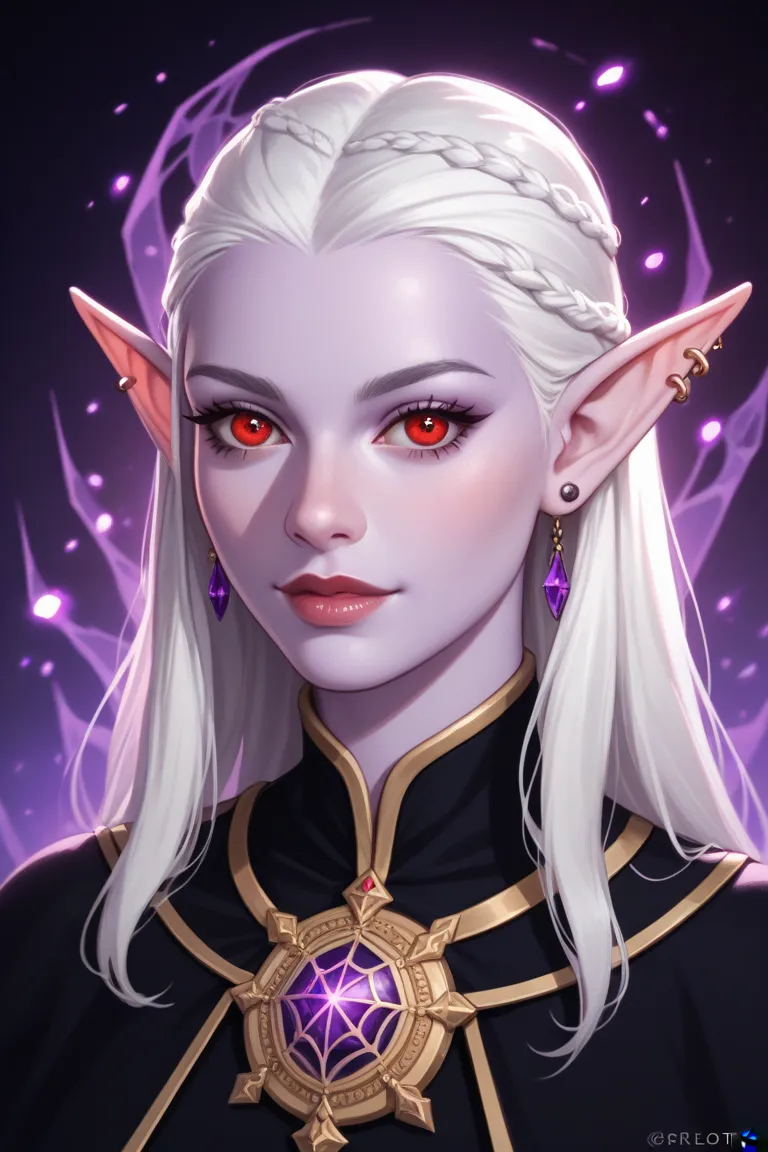 A semi-realistic portrait of a female Drow Elf with long, flowing white hair, lavender-colored skin, and piercing red eyes. She has a voluptuous figure and wears intricate dark cleric robes dedicated to Lolth, adorned with spider motifs and dark gemstones....