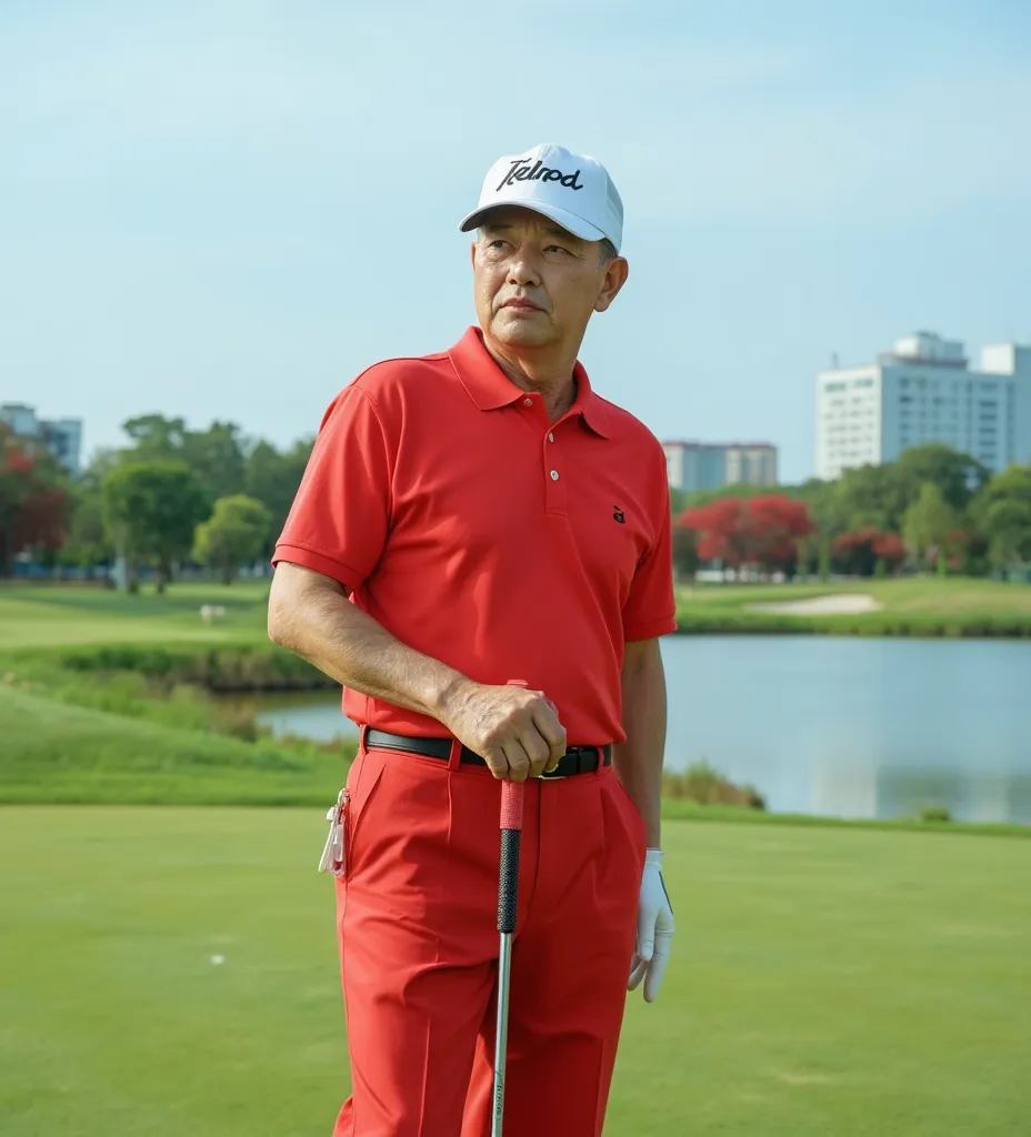 Realistics , Korean, golfer man, 50 years, wearing red polo shirt and trousers with belt standing on green , flag pole,  golf course , read cockcomb, Bueng Nong knot lake, Khon Kaen city, housing development on the background, Central department store far ...