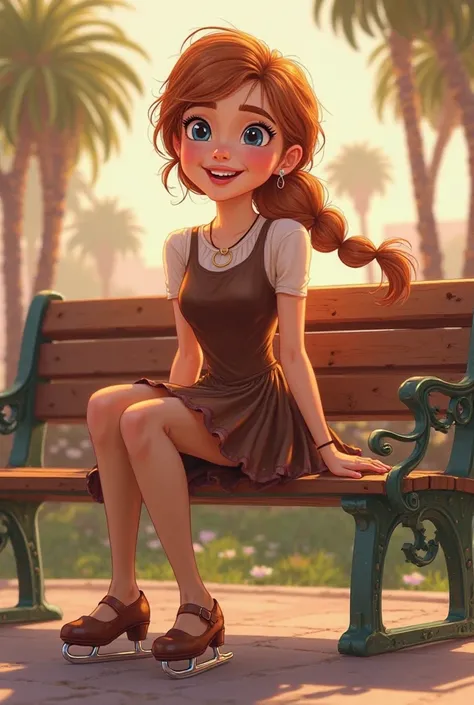 Tip: A very lovely Anna from FROZEN being happy alone on a park bench in Downtown San Diego in the sun… The illustration is a high definition illustration with 4k resolution., with highly detailed facial features and cartoon style visuals, brown figure ska...