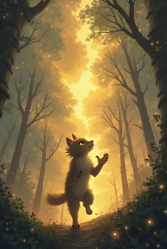 The sky above the kingdom shimmered with golden light, but the land was uneasy. Dark creatures, made of mist and shadow, slithered between the trees, threatening to consume the magic. Whiskers knew he had to act fast. He called upon the ancient magic of hi...