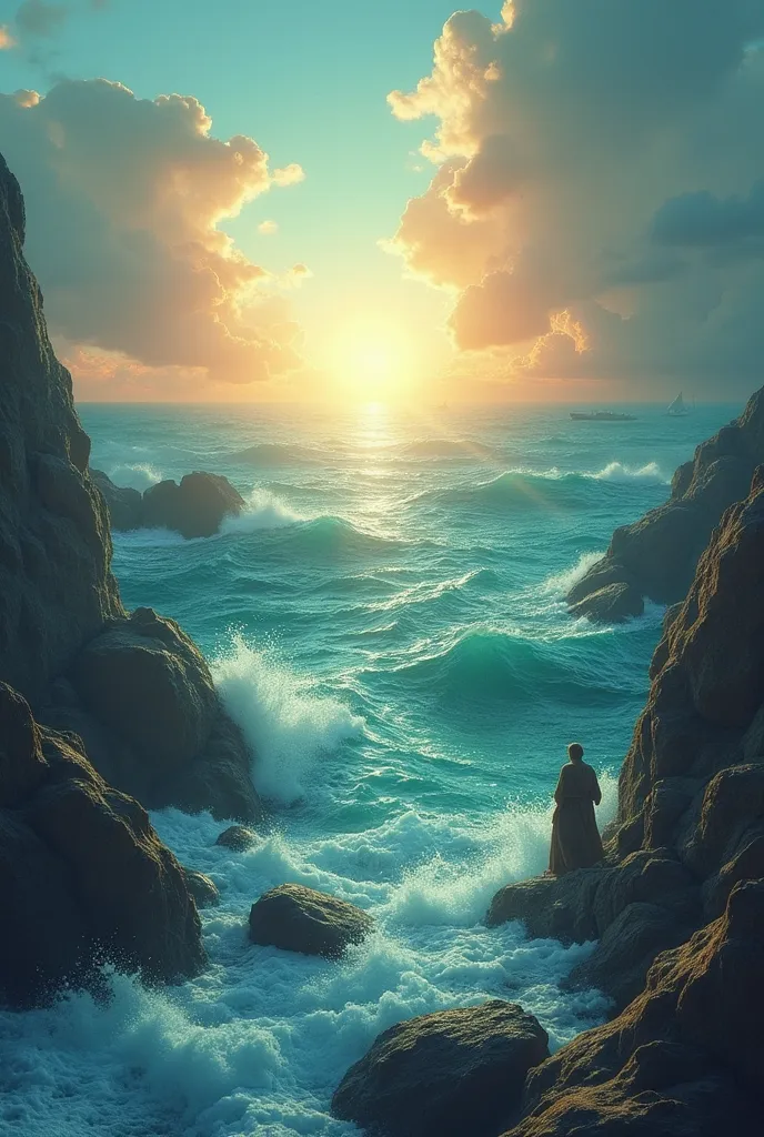 Create a symbolic scene, showing the Red Sea as a metaphor for life's challenges.

Show modern people facing their own "seas" — financial struggles, illnesses, losses — and how faith in God helps them cross.

Include an inspiring narrative voice: "Just as ...