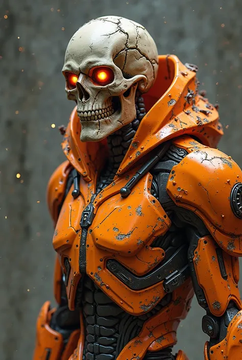 Design a hyper-realistic undead character with a brash, explosive personality, wearing sleek, high-tech armor in a striking orange color. His body is a decaying skeleton with fine details, including cracks in the bones and glowing veins. The armor is futur...