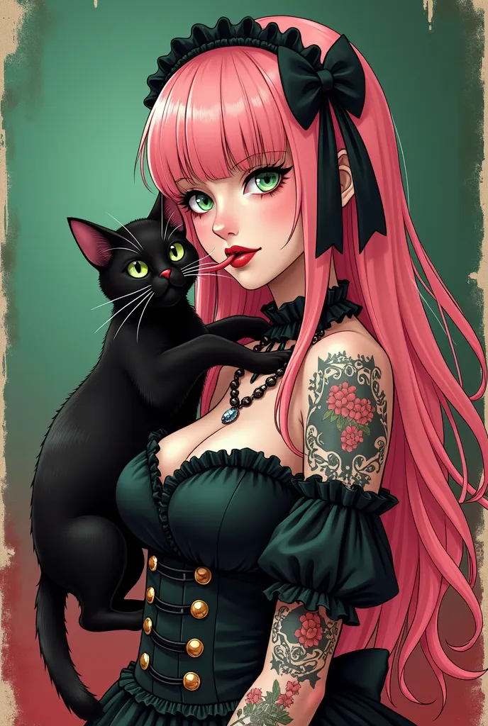 emerald green and red gradation background、old cafe 、Femboy's long pink hair, One eye blinks、With an ecstatic look、green eyes。 Gothic Lolita Maid Outfit with Sword of the Brave、tattoo hugging a black cat sticking out its tongue very detailed, textured skin...