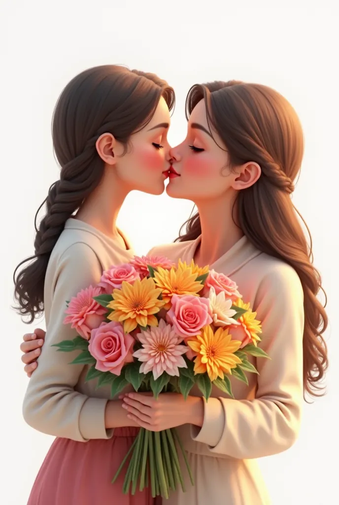 His mother has a bouquet of flowers in his mother's hand. A daughter with braided hair kisses her mother.  background white.