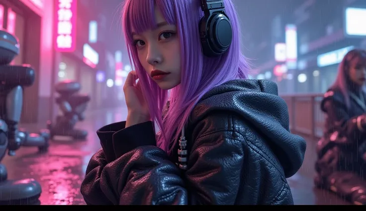 Cyberpunk girl with purple hair and with headphones looking at us, sitting from from some distance, neon ambient wih dark mood, with scraps of robots around her, the girl's hair should move as if the wind is passing slowly in a rainy day. 