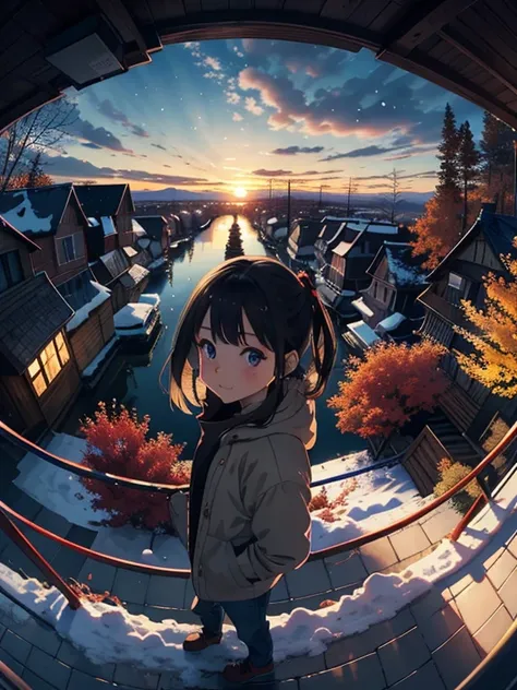   masterpiece， Top Quality ，     Hi-Res  ，(     super flat     ，   flat shading    )， Fisheye ，cute young girl ，I can see the autumn city from the park garden  ， autumn leaves，Snow Scene，Autumn sky，dusk，     beautiful sunset  ，Wide angle，   bright color，wa...