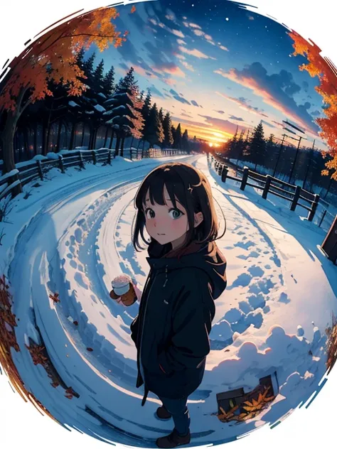   masterpiece， Top Quality ，     Hi-Res  ，(     super flat     ，   flat shading    )， Fisheye ，cute young girl ，I can see the autumn city from the park garden  ， autumn leaves，Snow Scene，Autumn sky，dusk，     beautiful sunset  ，Wide angle，   bright color，wa...