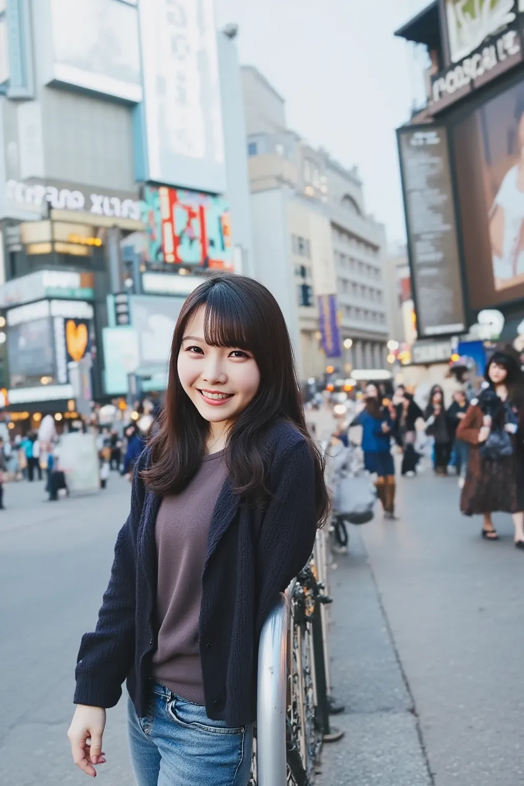 「On a street corner in Shibuya、A scene where a stylish and confident young woman walks。She's trendy and casual I'm wearing clothes、For example, an oversized jacket and sneakers、Wearing denim pants。Her hairstyle is brightly colored、and has slightly curly ha...