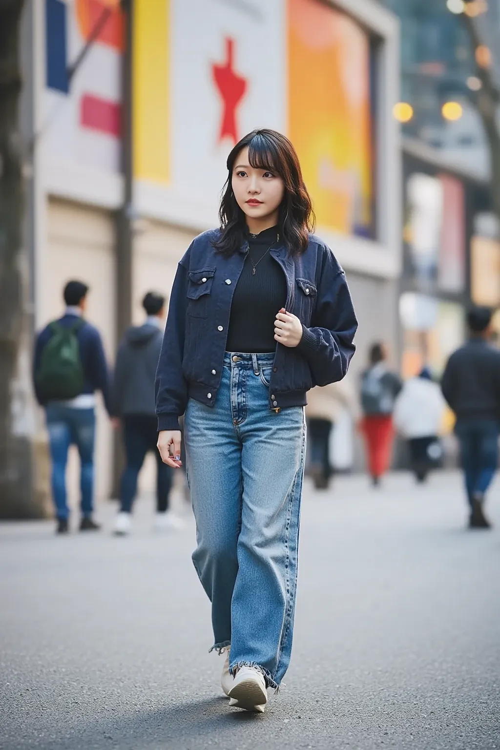 「On a street corner in Shibuya、A scene where a stylish and confident young woman walks。She's trendy and casual I'm wearing clothes、For example, an oversized jacket and sneakers、Wearing denim pants。Her hairstyle is brightly colored、and has slightly curly ha...