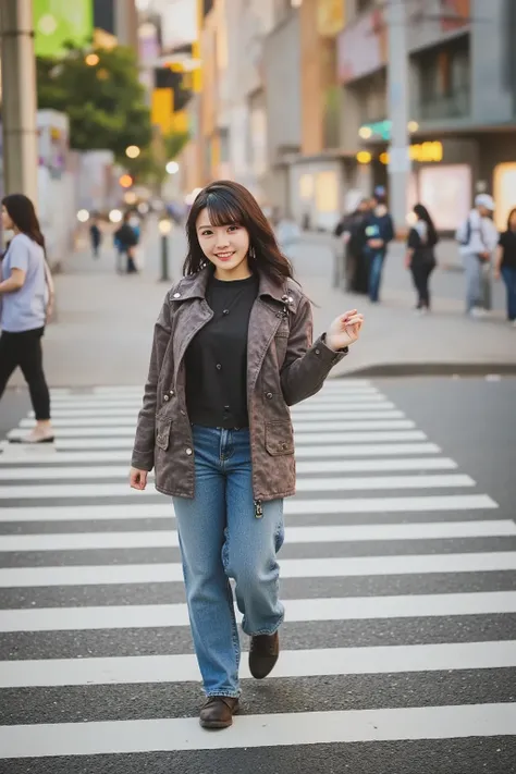 「On a street corner in Shibuya、A scene where a stylish and confident young woman walks。She's trendy and casual I'm wearing clothes、For example, an oversized jacket and sneakers、Wearing denim pants。Her hairstyle is brightly colored、and has slightly curly ha...