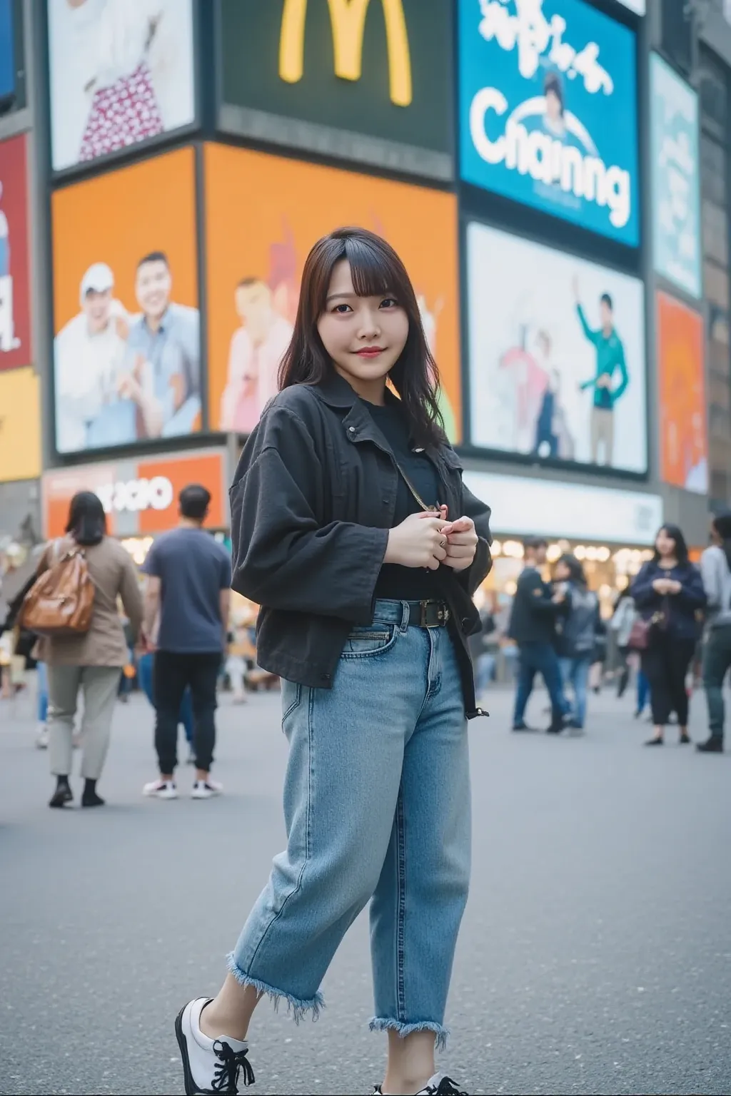 「On a street corner in Shibuya、A scene where a stylish and confident young woman walks。She's trendy and casual I'm wearing clothes、For example, an oversized jacket and sneakers、Wearing denim pants。Her hairstyle is brightly colored、and has slightly curly ha...