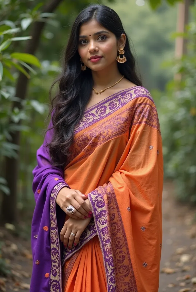 there is a woman standing in a purple and orange dress, a picture inspired by T. K. Padmini, instagram, hurufiyya, around 1 , centre image, photo of a woman, portait image, photo taken in 2 0 2 0, 30 years old woman, 3 0 years old woman, photo of young wom...