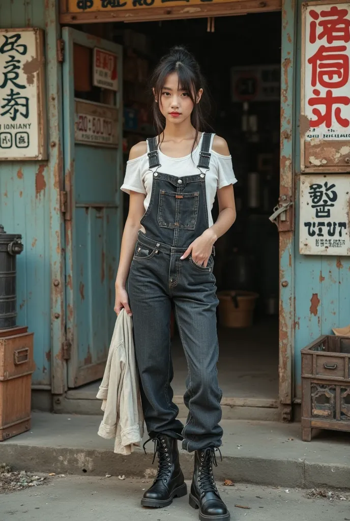 Beautiful Asian woman, 18 years.
Open chest, no buttoned shirt, Very large chest, size 45 inches,

a person standing in front of a weathered, rustic storefront with a vintage, urban aesthetic. They are wearing dark denim overalls with side cutouts, a white...