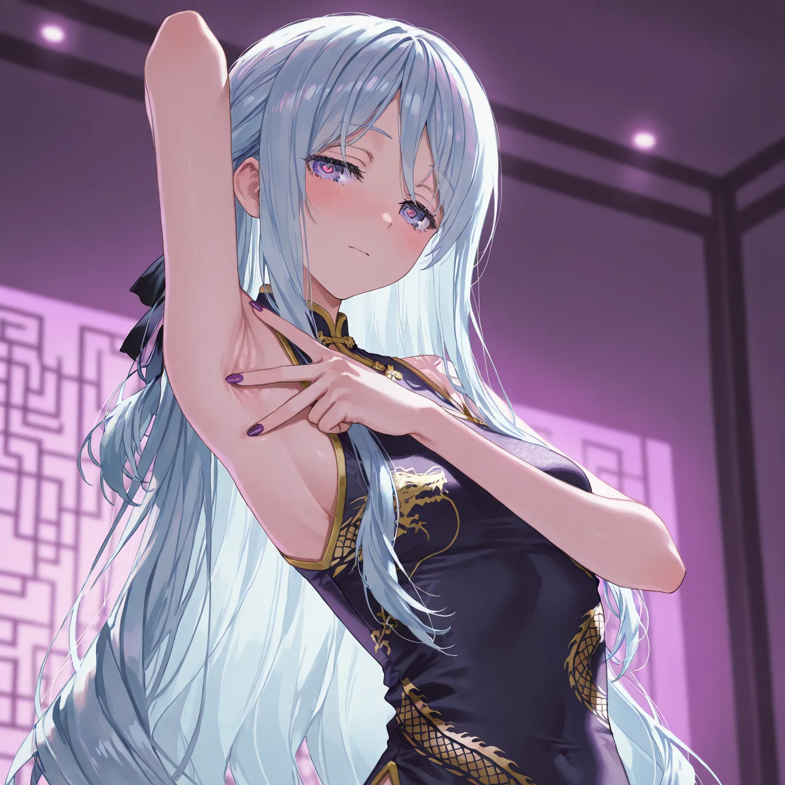 (hiyori shiina:1.2) , hair ribbon ,light blue hair ,purple eyes,   
 (happoubi jin:0.8),, by fuzichoco, by lam, by kinta \(distortion\), by lack, by quasarcake, by 159cm, 
1girl, armpits,solo, 
dress, black dress,chinese clothes, sleeveless, china dress, s...