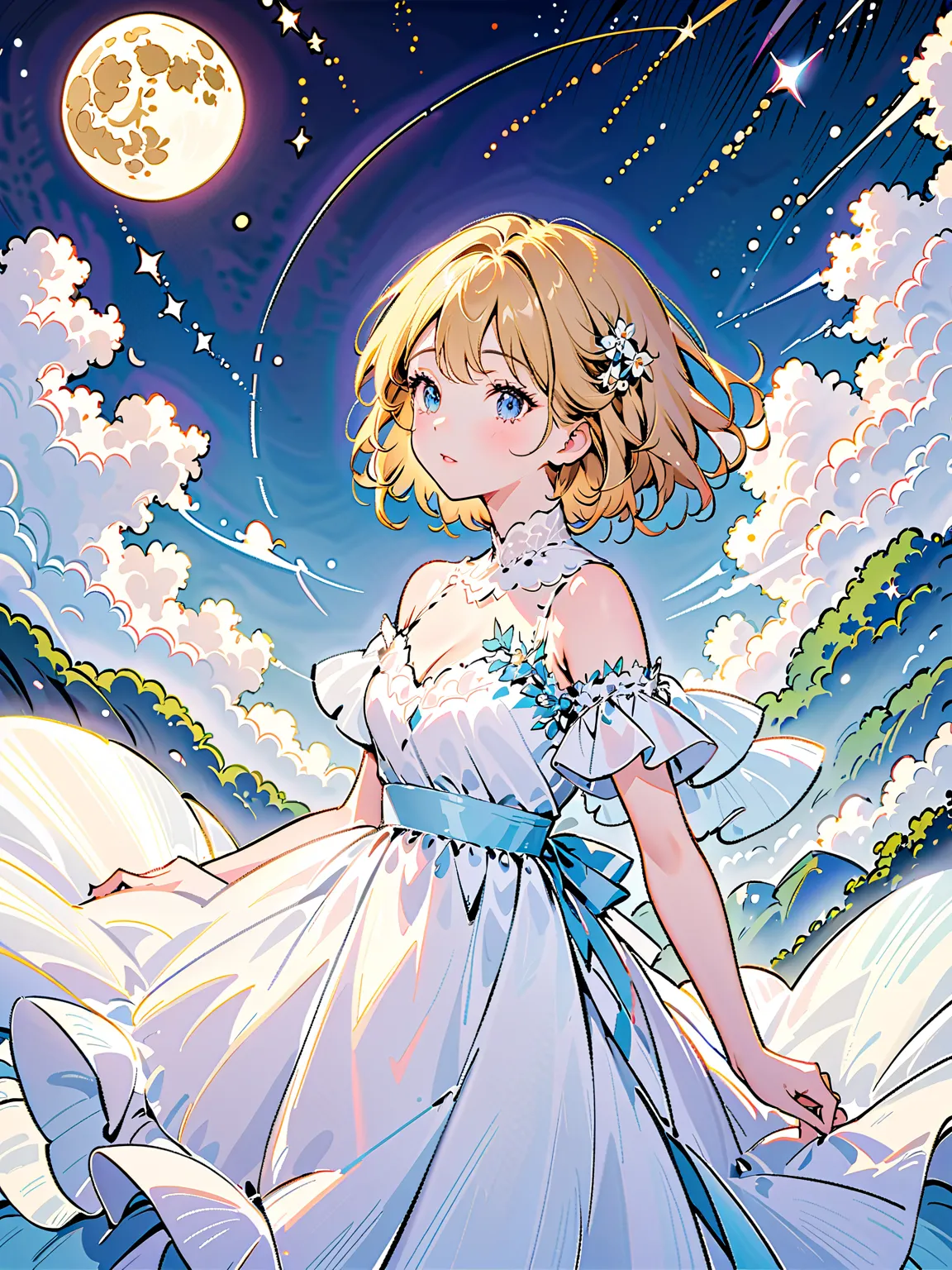 Blonde, short hair, curly hair, cute full body dress with lots of frills, white dress, space, moon and stars, lots of sparkle