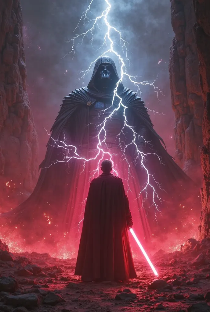 "POV standing before a powerful Sith, with Force lightning crackling from his hands. The ground trembles, cracked by the impact of his power. Tension reaches its peak before the final confrontation. An atmosphere of challenge and epic battle."

