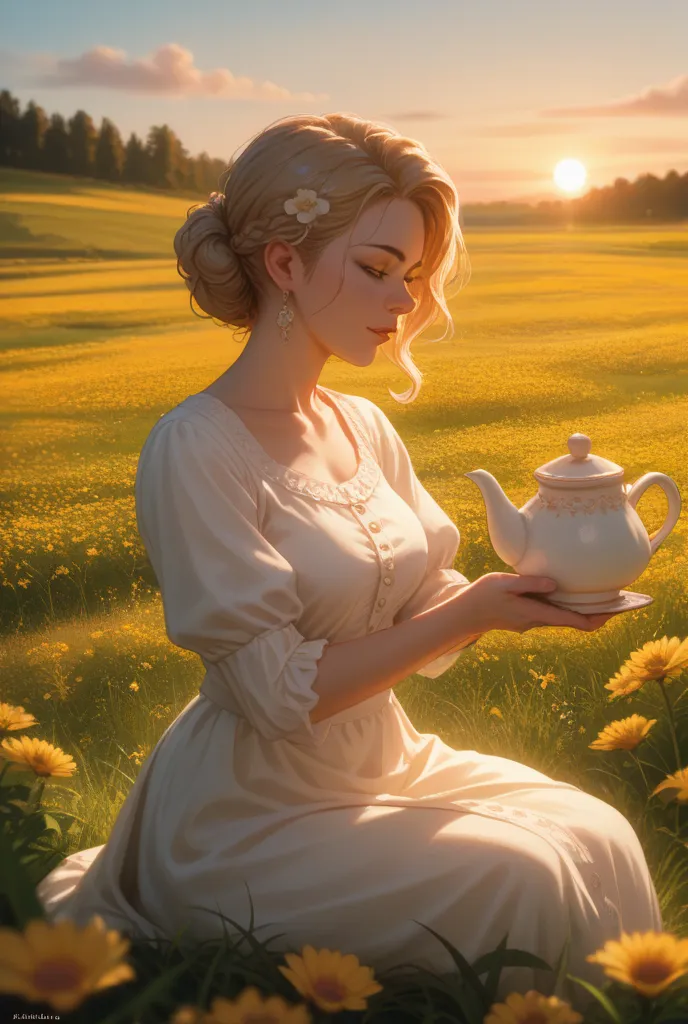 I want a picture of a poet playing is taking a teapot for the flower of the field