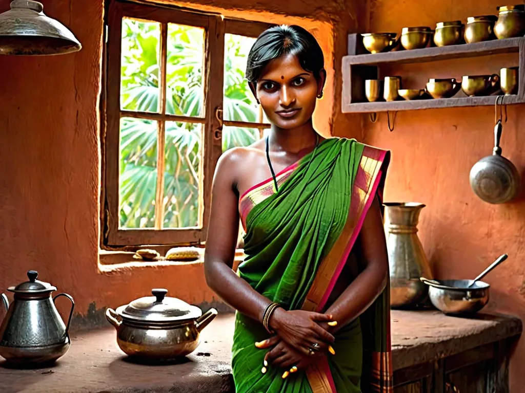 score_9, photorealistic close-up in a Tamil Nadu village kitchen at dawn, mud walls, clay stove with a faint glow, wooden shelf with steel vessels. A married Tamil mom, 38, curvy dark skin, full breasts under a slightly wet green saree, sindoor on forehead...