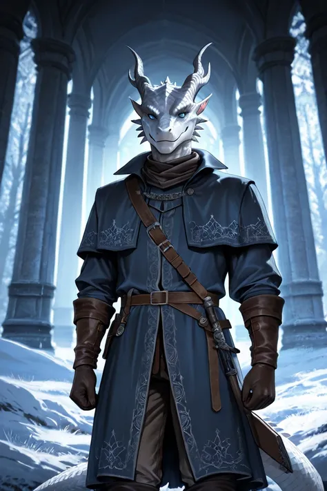 male man, Silver Draconian, white scales with blue details, blue eyes,  determined look  , gentle smile, Bloodborne medieval clothing, In a snowy field 