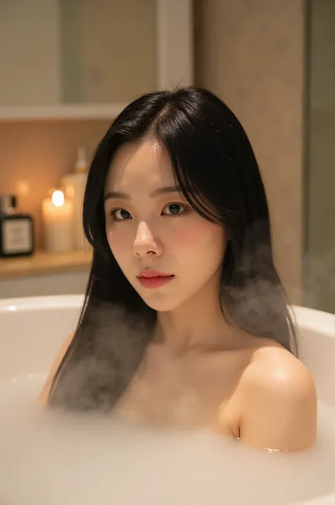 A sexy Korean beauty soaks in the bathtub