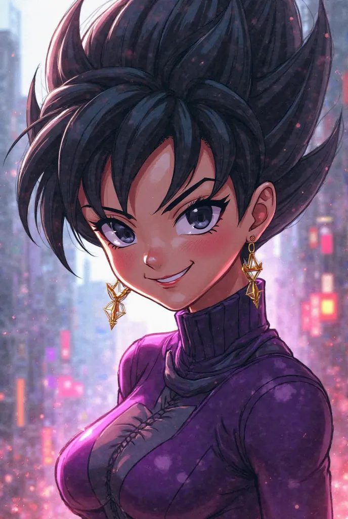 Create an adult Dragon Ball style girl with super pointed black hair,  black eyes,  smiling, dressed in purple clothes