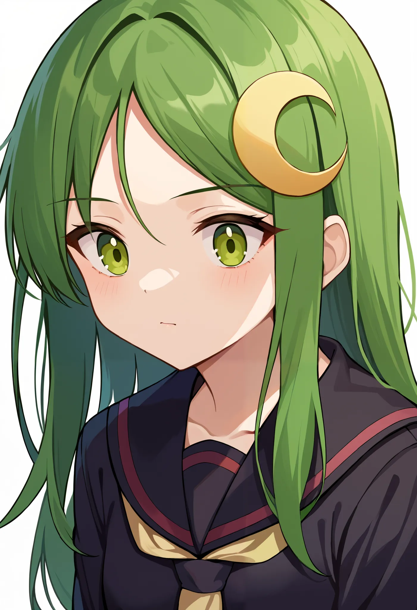  score_9,  score_8,  score_7,  source_anime, nagatsuki (fleet this), 1 girl, crescent hair ornament, Alone, watching viewers, ,   school uniform,  Long Sleeve,   black seraphuku , crescent moon pin , Neckerchief,  green hair,