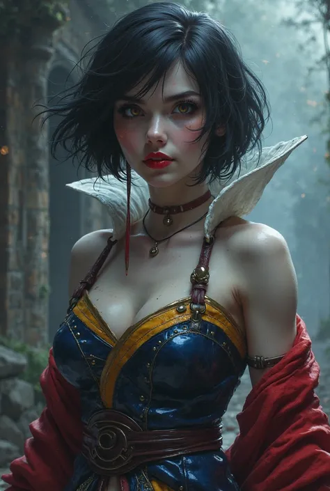 "A hyper-realistic digital painting depicting the fusion of Snow White, da Disney, e Mileena, of Mortal Kombat, creating a unique and imposing warrior. She has pale skin and short black hair, with intense eyes that shine with a mixture of sweetness and fer...