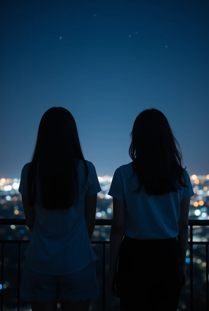 Two women watching the night view from behind