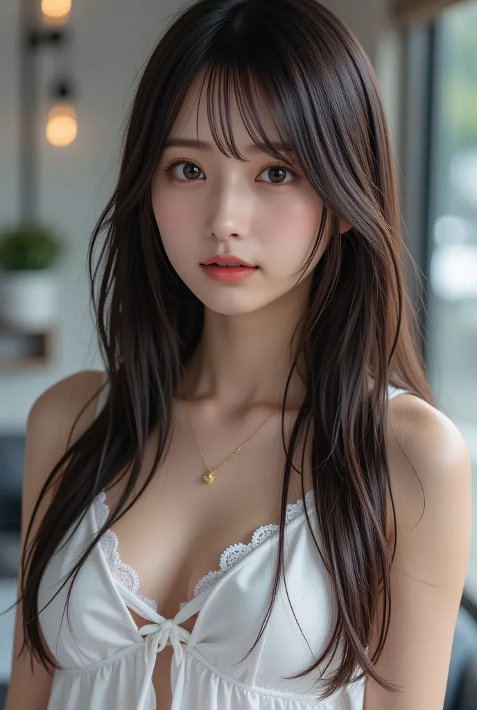  alone, natural body shape,   white skin,  natural cosmetics , ,  1 girl , chest, alone, brown hair,  see-through, realistic, brown eyes, watching viewers, long hair, upper body, medium chest, Nipples, clavicle, flabby lips, covered Nipples, chest元, lips, ...