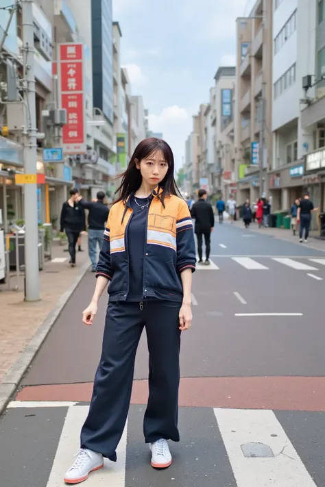 「On a street corner in Shibuya、A scene where a stylish and confident young woman walks。She's trendy and casual I'm wearing clothes、For example, an oversized jacket and sneakers、Wearing denim pants。Her hairstyle is brightly colored、and has slightly curly ha...