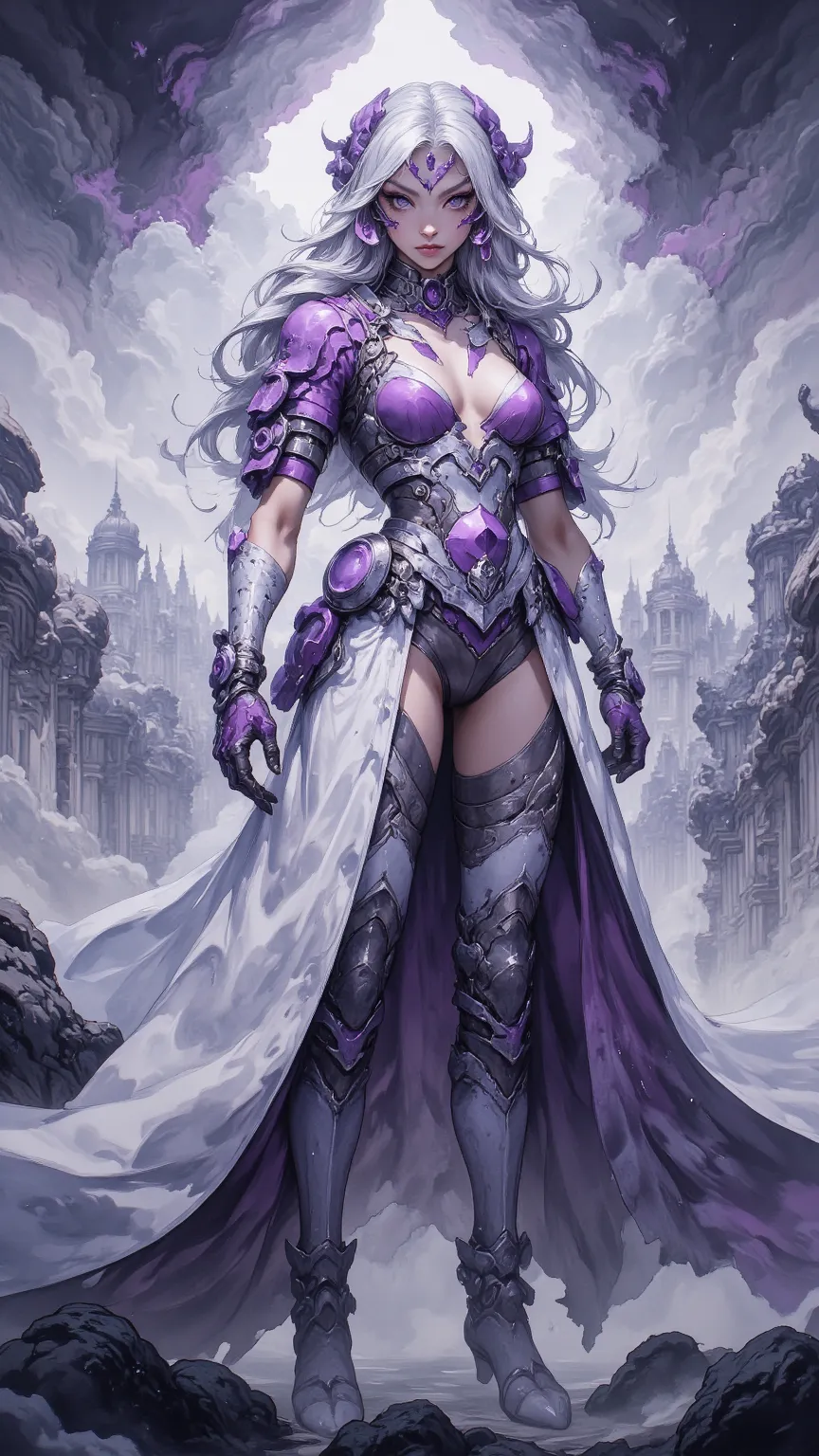 Exploring the mysterious character Amira，Ultra HD dreamy digital art，A mysterious female knight，with flowing silver hair and charming purple eyes，Wears an ethereal white and lilac costume，Standing on a stormy battlefield，In the hazy mist，Her rich materials...