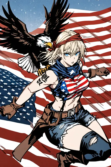 Brasier with the design of the American flag, highlighting the stars and stripes.

ripped denim shorts, with leather belt and an eagle buckle.

Fight gloves red with blue and white details, reinforced for harder blows.

modified cowgirl boots for combat, w...