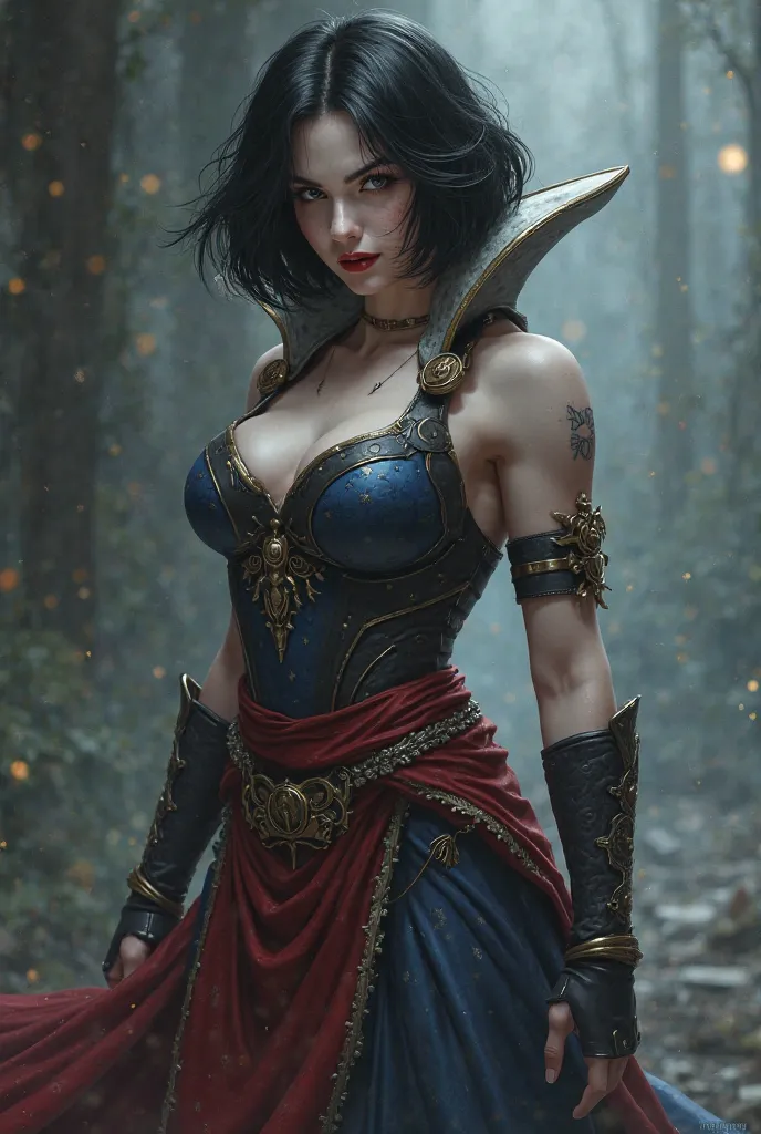 "A hyper-realistic digital painting depicting the fusion of Snow White, da Disney, e Mileena, of Mortal Kombat, creating a unique and imposing warrior. She has pale skin and short black hair, with intense eyes that shine with a mixture of sweetness and fer...